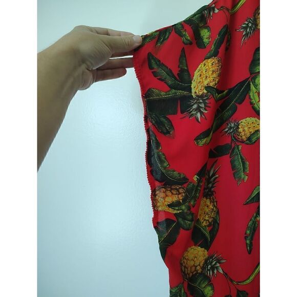 Gianni Bini Kimono Size XS Red Palm Print Pineapples Drape Front Dolman Sleeve - Picture 2 of 5